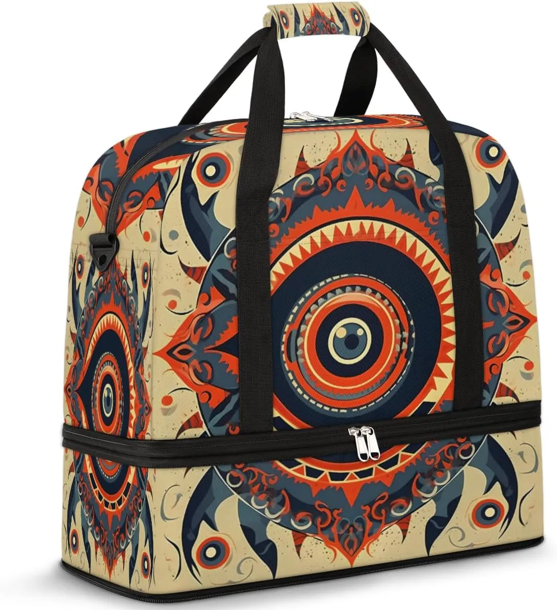 Foldable Travel Duffel Bag Tote Carry on Luggage Bag Vintage Ethnic Devil Eye Sports Gym Bag with Shoes Compartment Small Overnight Weekender Bag for Women Men