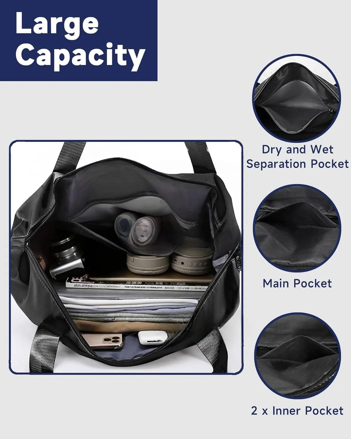 Folding Travel Bag Carry on Bags for Airplanes with Detachable Adjustable Shoulder Strap Light Weight Travel Duffle Bag for Women with Suitcase Sleeve 17x11x9 inch