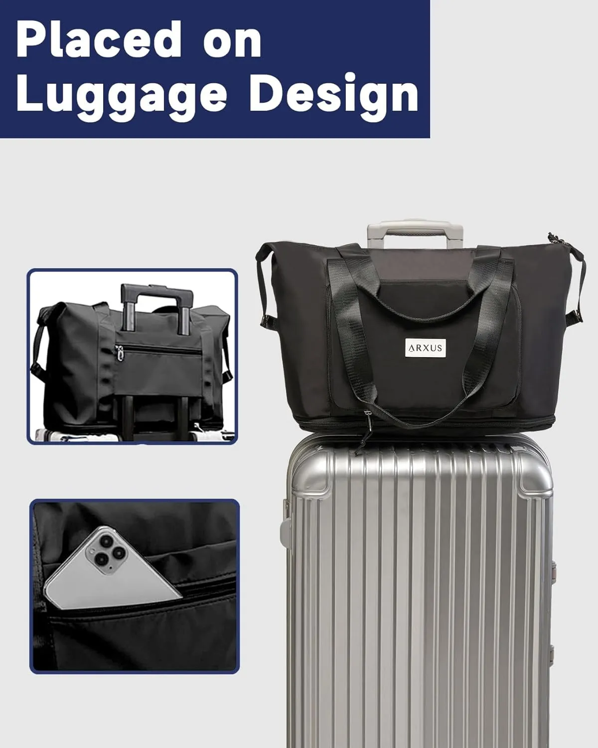 Folding Travel Bag Carry on Bags for Airplanes with Detachable Adjustable Shoulder Strap Light Weight Travel Duffle Bag for Women with Suitcase Sleeve 17x11x9 inch