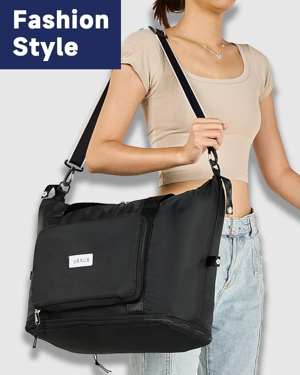 Folding Travel Bag Carry on Bags for Airplanes with Detachable Adjustable Shoulder Strap Light Weight Travel Duffle Bag for Women with Suitcase Sleeve 17x11x9 inch