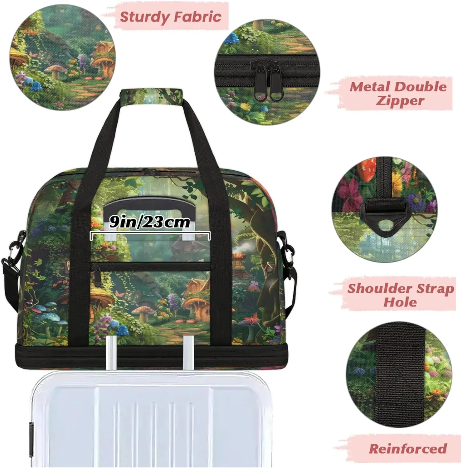 Forest Flower Mushroom Travel Duffel Bags for Women & Men Large Sports Gym Bags Foldie Weekender Overnight Bag Carry On Tote Bag With Shoe Compartment Personal Item Luggage for Travel Sports Gym