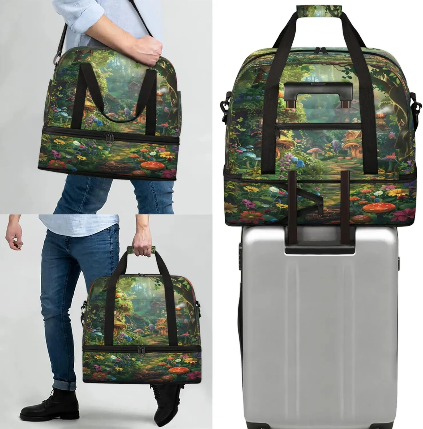 Forest Flower Mushroom Travel Duffel Bags for Women & Men Large Sports Gym Bags Foldie Weekender Overnight Bag Carry On Tote Bag With Shoe Compartment Personal Item Luggage for Travel Sports Gym