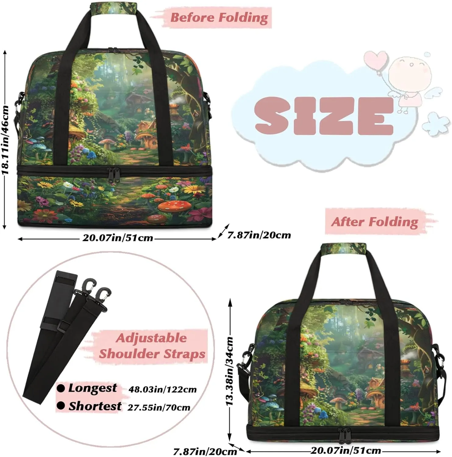 Forest Flower Mushroom Travel Duffel Bags for Women & Men Large Sports Gym Bags Foldie Weekender Overnight Bag Carry On Tote Bag With Shoe Compartment Personal Item Luggage for Travel Sports Gym