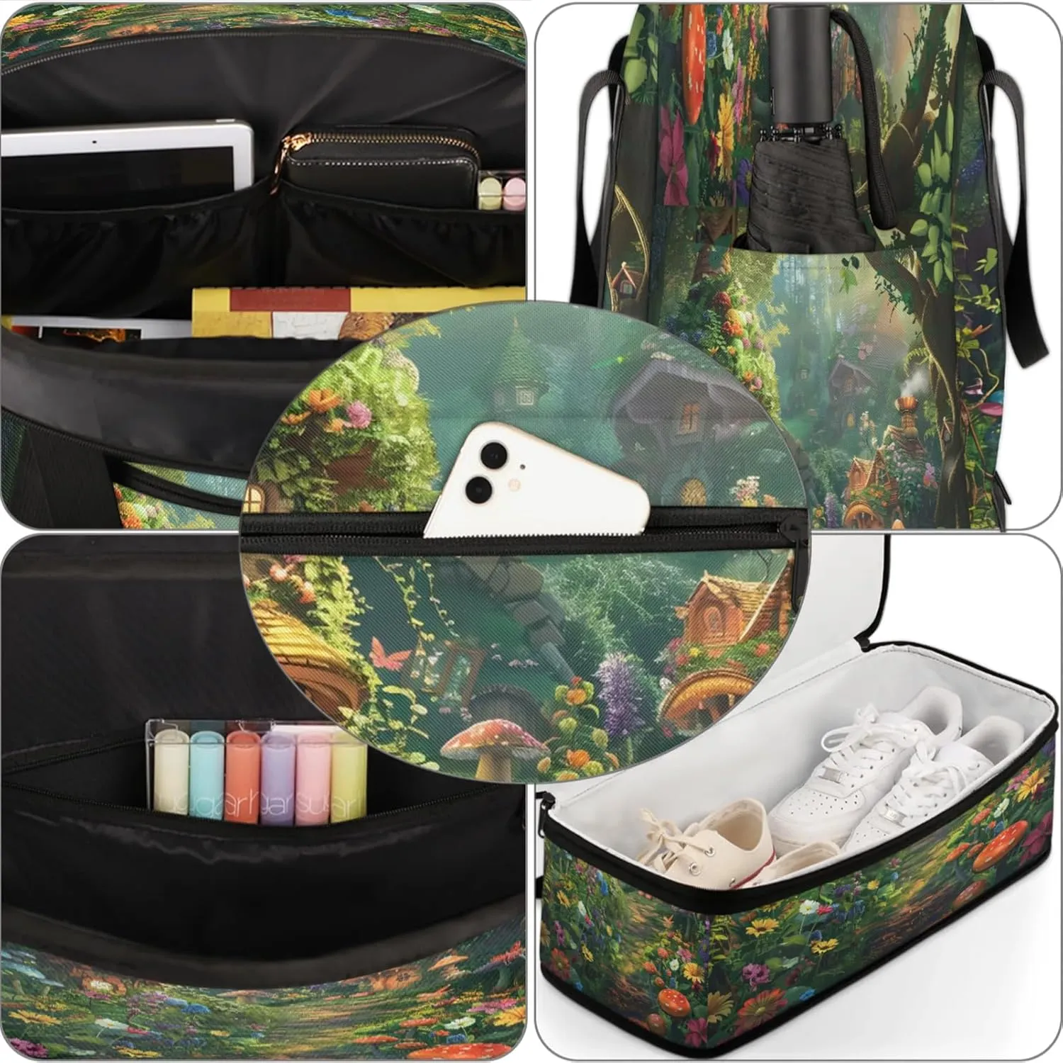 Forest Flower Mushroom Travel Duffel Bags for Women & Men Large Sports Gym Bags Foldie Weekender Overnight Bag Carry On Tote Bag With Shoe Compartment Personal Item Luggage for Travel Sports Gym