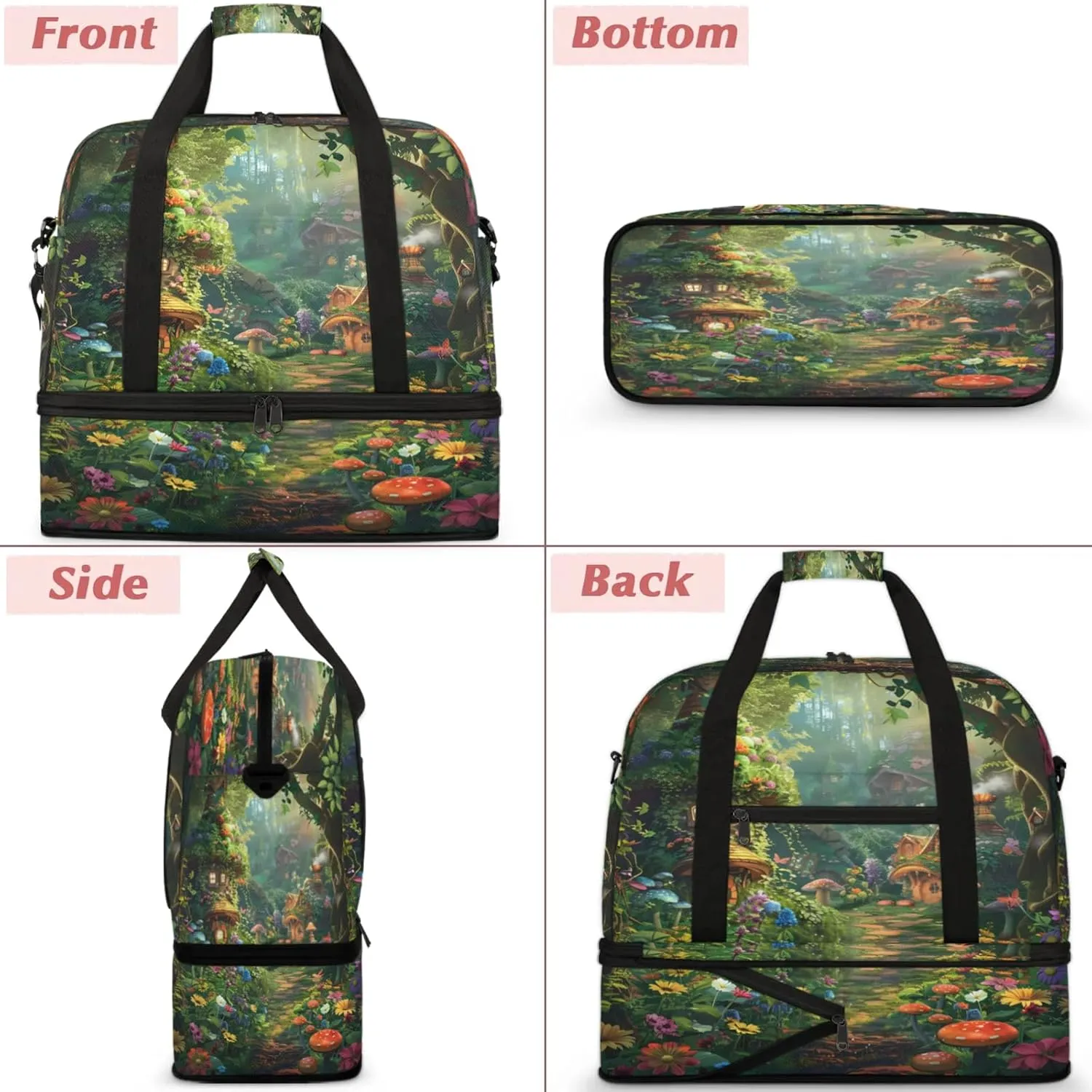 Forest Flower Mushroom Travel Duffel Bags for Women & Men Large Sports Gym Bags Foldie Weekender Overnight Bag Carry On Tote Bag With Shoe Compartment Personal Item Luggage for Travel Sports Gym