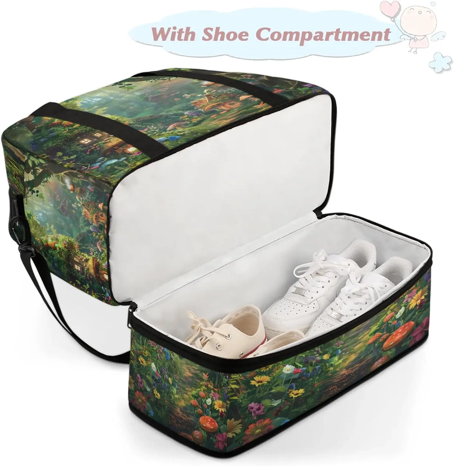 Forest Flower Mushroom Travel Duffel Bags for Women & Men Large Sports Gym Bags Foldie Weekender Overnight Bag Carry On Tote Bag With Shoe Compartment Personal Item Luggage for Travel Sports Gym