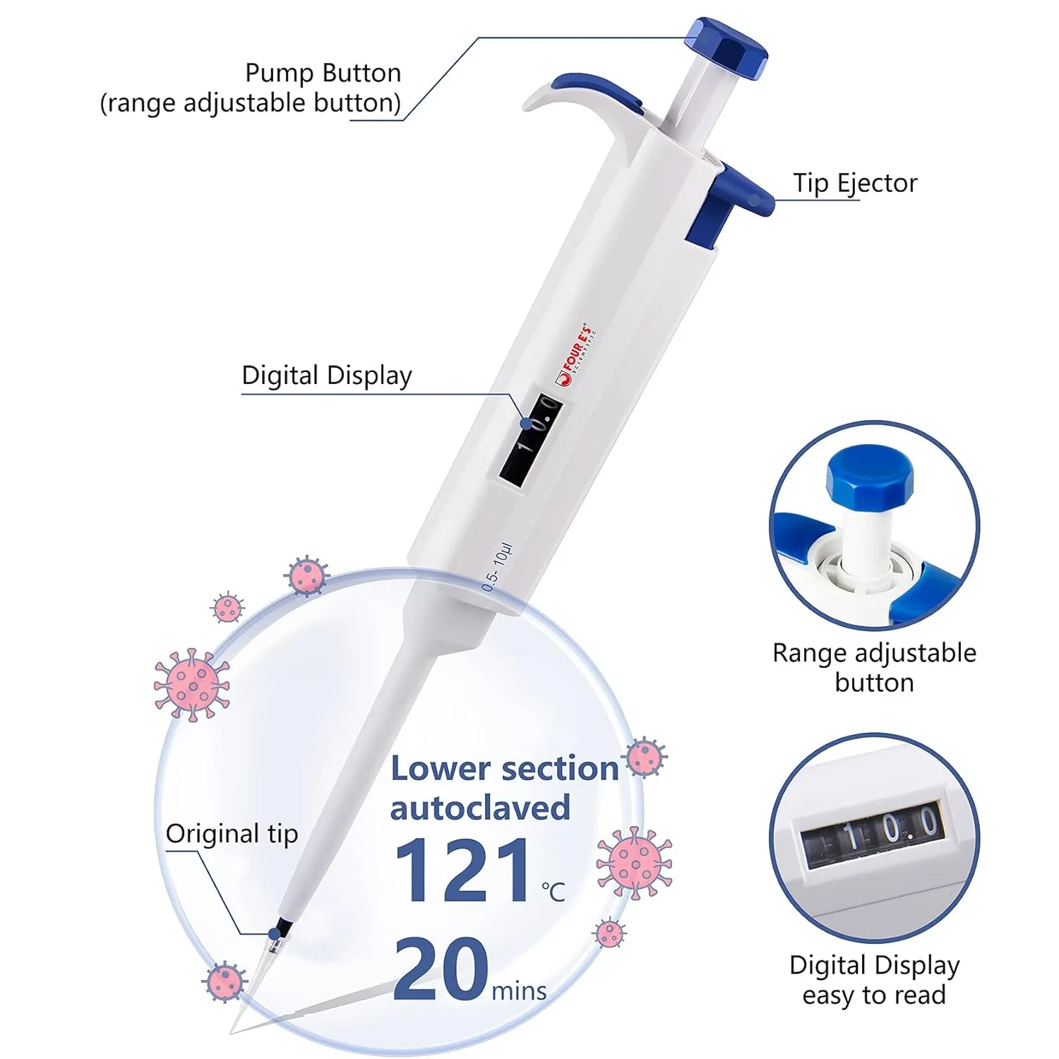 FOUR E'S SCIENTIFIC 0.5 uL - 10 uL High-Accurate Single-Channel Manual Adjustable Variable Volume Pipettes