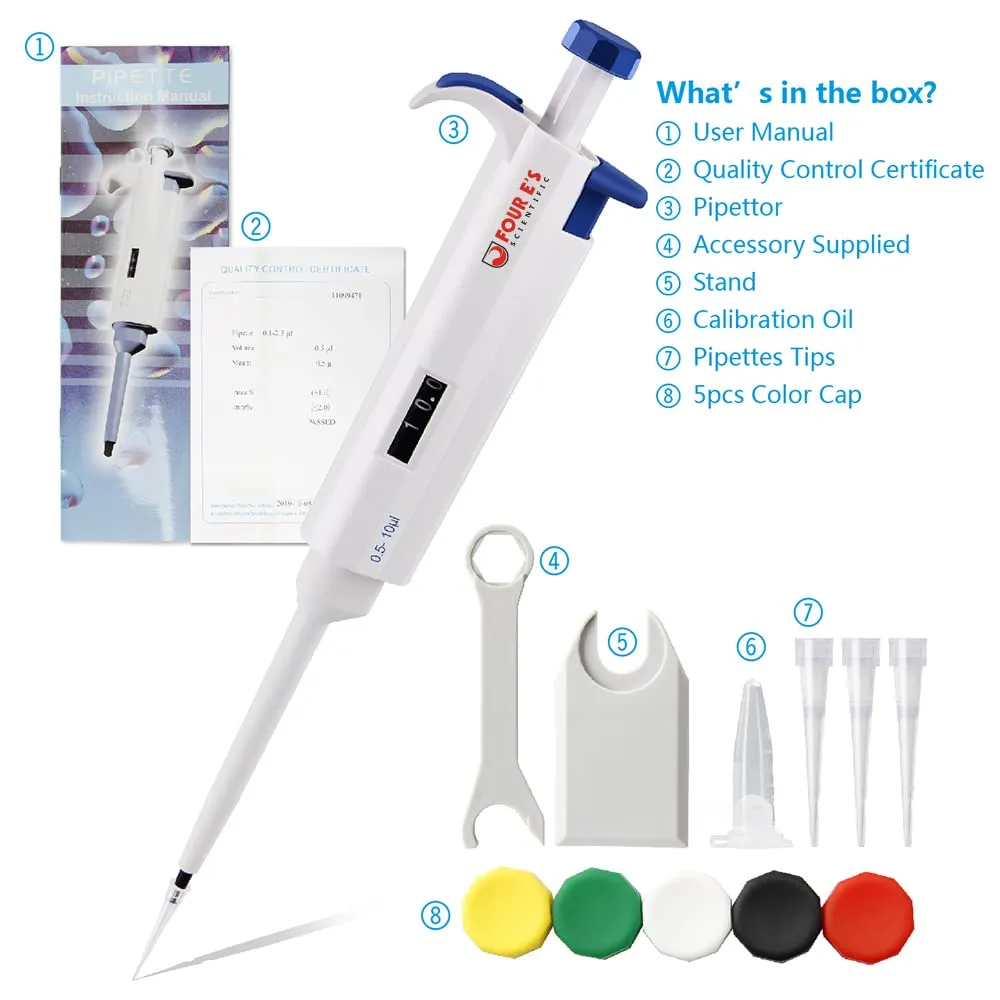 FOUR E'S SCIENTIFIC 0.5 uL - 10 uL High-Accurate Single-Channel Manual Adjustable Variable Volume Pipettes