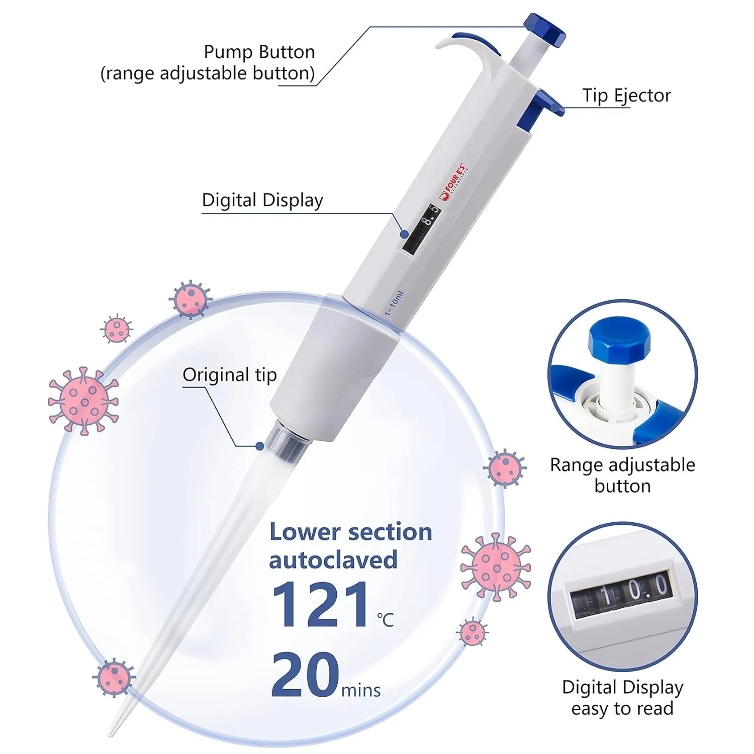 FOUR E'S SCIENTIFIC 1-10ML Single-Channel Pipettor Adjustable Variable Volume Micropipette High Accurate Pipettor for Laboratory