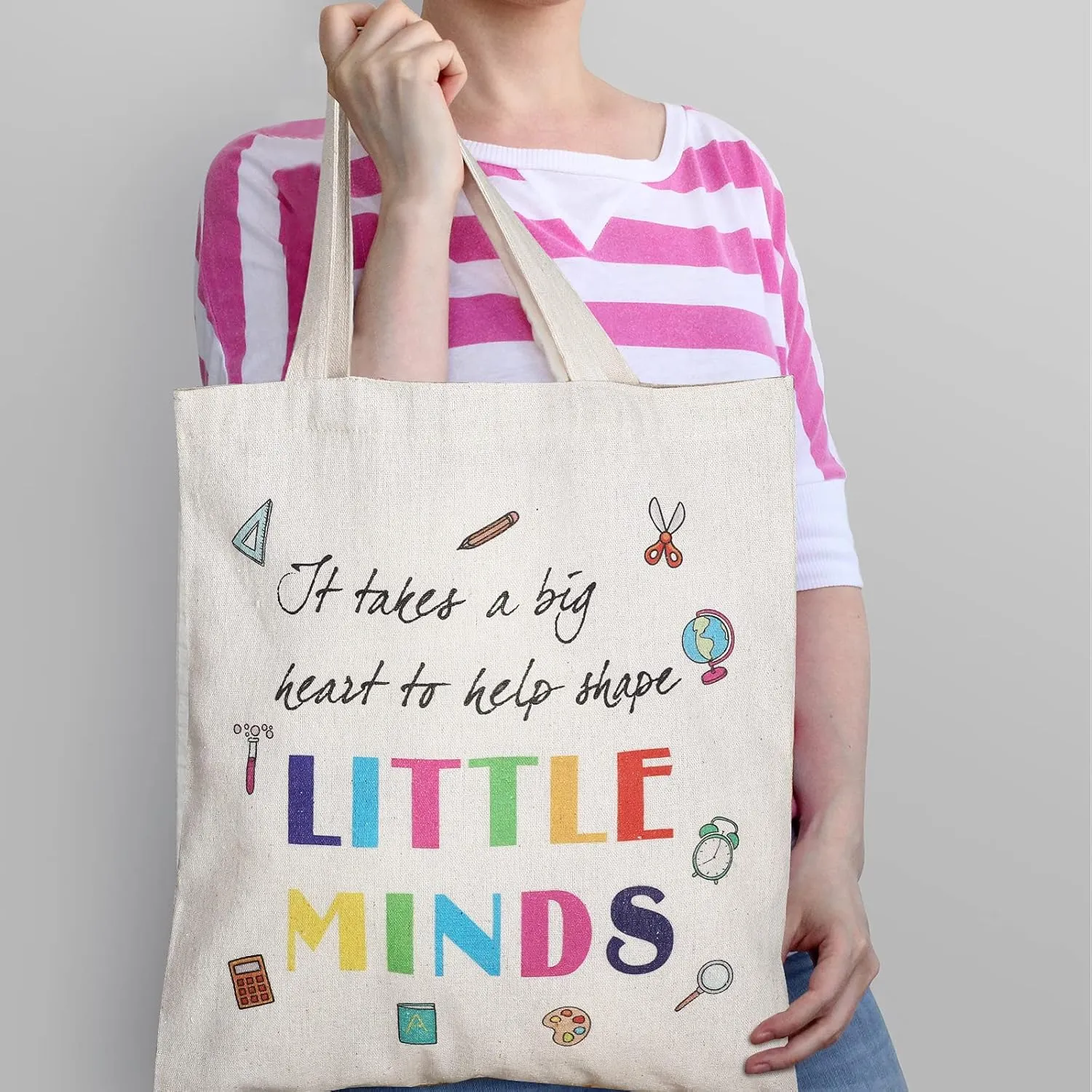 Frienda 4 Pack Teacher Canvas Tote Bag Teacher Appreciation Gifts for Women 13''x15''(Pencil Style,Khaki)