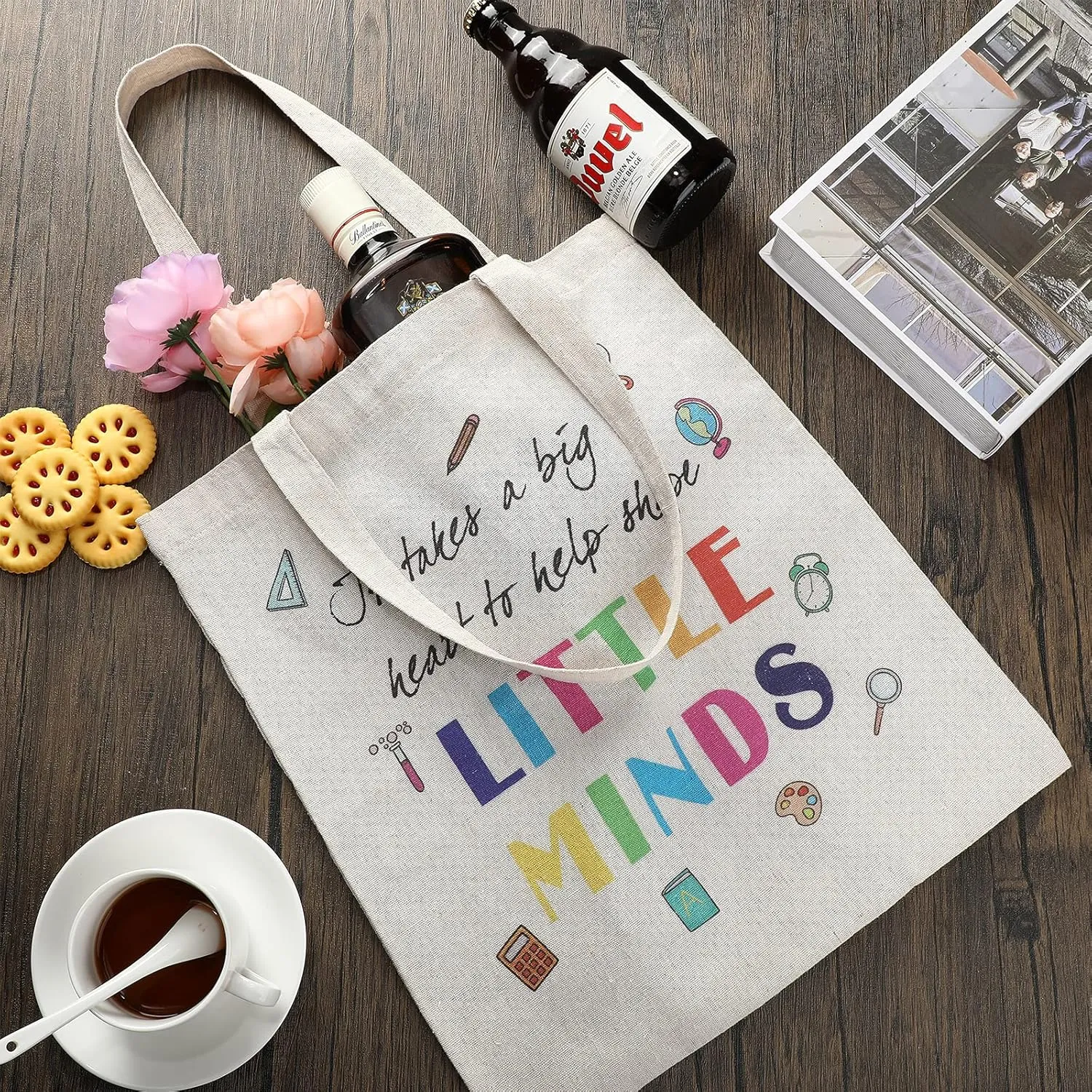 Frienda 4 Pack Teacher Canvas Tote Bag Teacher Appreciation Gifts for Women 13''x15''(Pencil Style,Khaki)