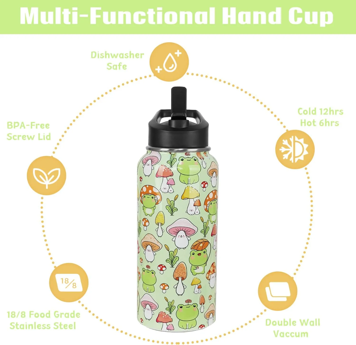 Frog Water Bottle With Straws - Double Walled Vacuum Insulated Sports Bottle, Mushroom Travel Thermal Cup, Leak Proof Stainless Steel Tumbler, Frog Decor Gifts - 32 OZ