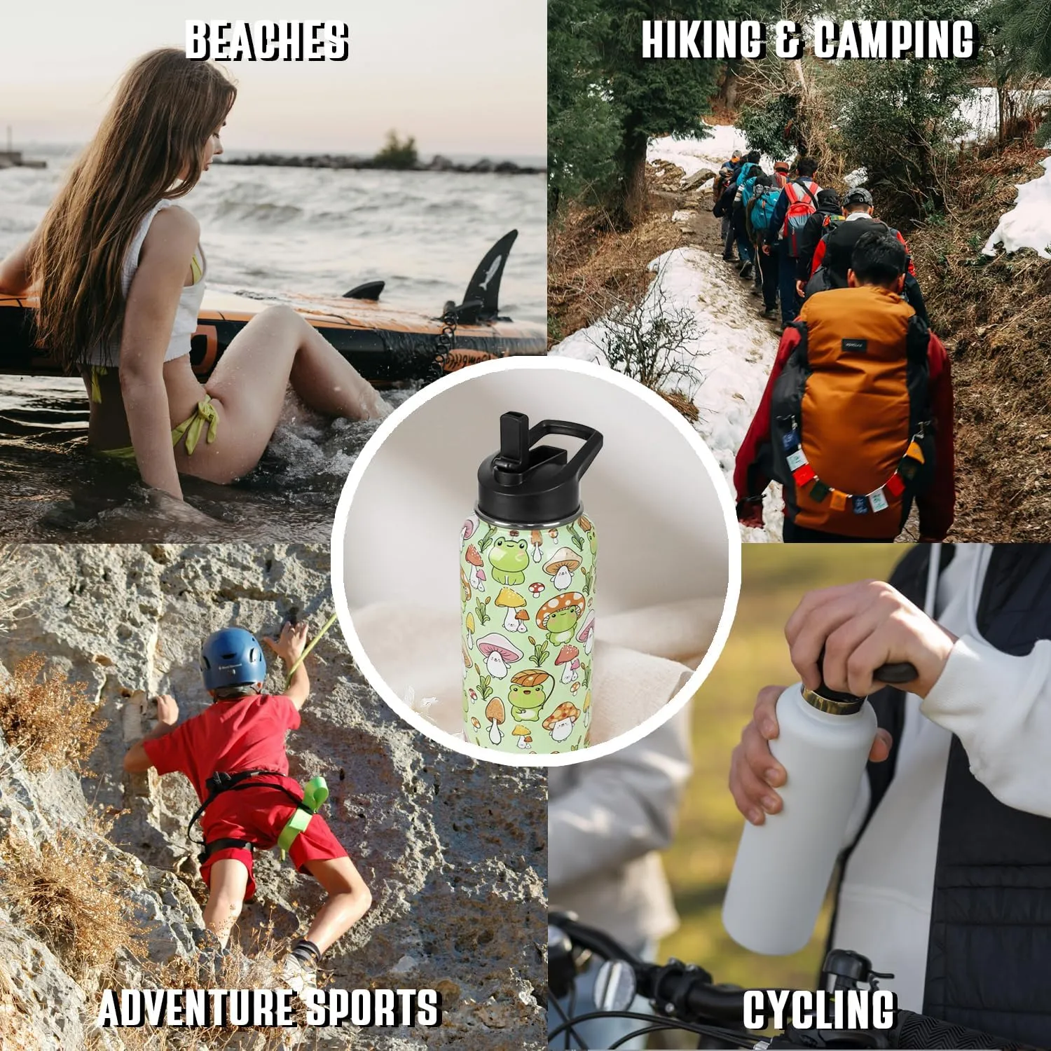 Frog Water Bottle With Straws - Double Walled Vacuum Insulated Sports Bottle, Mushroom Travel Thermal Cup, Leak Proof Stainless Steel Tumbler, Frog Decor Gifts - 32 OZ