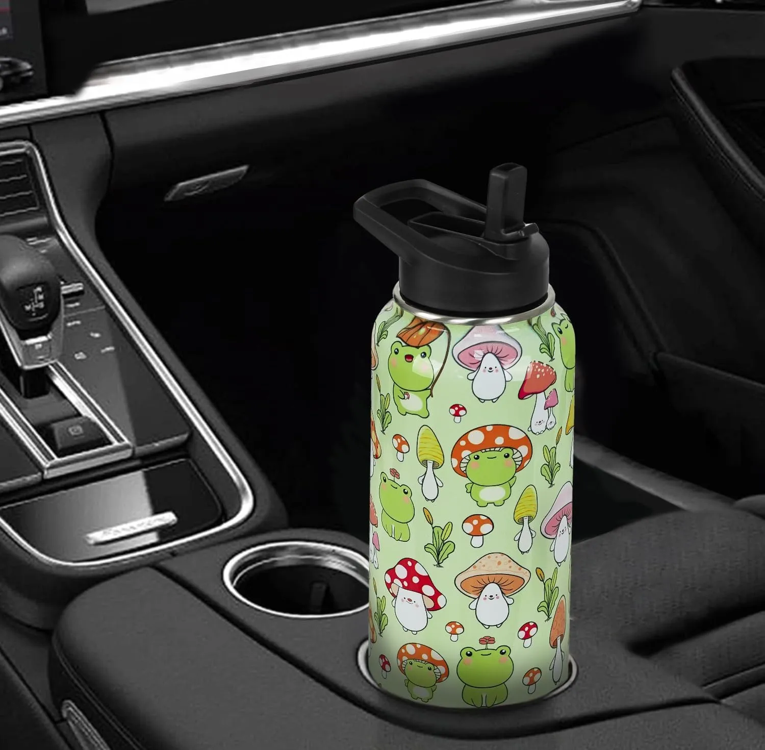 Frog Water Bottle With Straws - Double Walled Vacuum Insulated Sports Bottle, Mushroom Travel Thermal Cup, Leak Proof Stainless Steel Tumbler, Frog Decor Gifts - 32 OZ