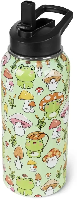 Frog Water Bottle With Straws - Double Walled Vacuum Insulated Sports Bottle, Mushroom Travel Thermal Cup, Leak Proof Stainless Steel Tumbler, Frog Decor Gifts - 32 OZ