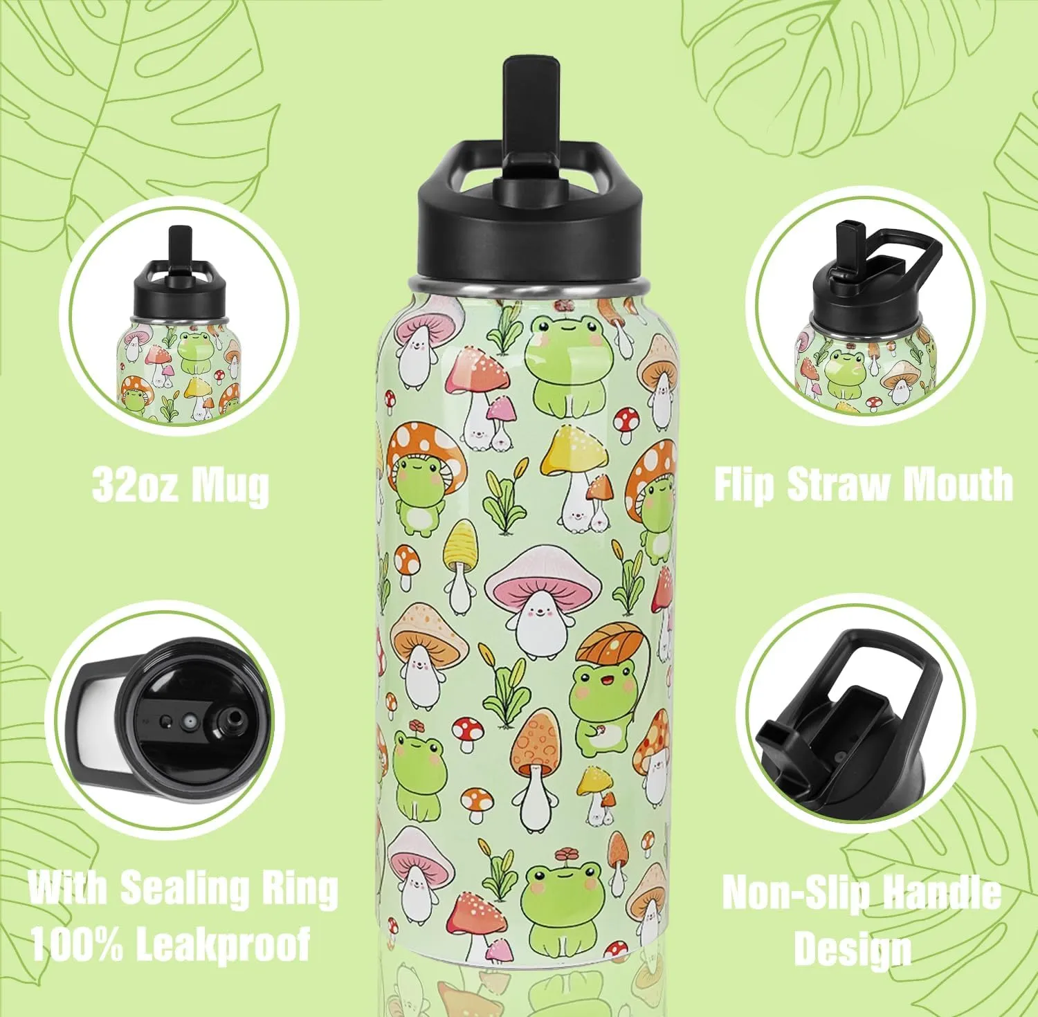 Frog Water Bottle With Straws - Double Walled Vacuum Insulated Sports Bottle, Mushroom Travel Thermal Cup, Leak Proof Stainless Steel Tumbler, Frog Decor Gifts - 32 OZ