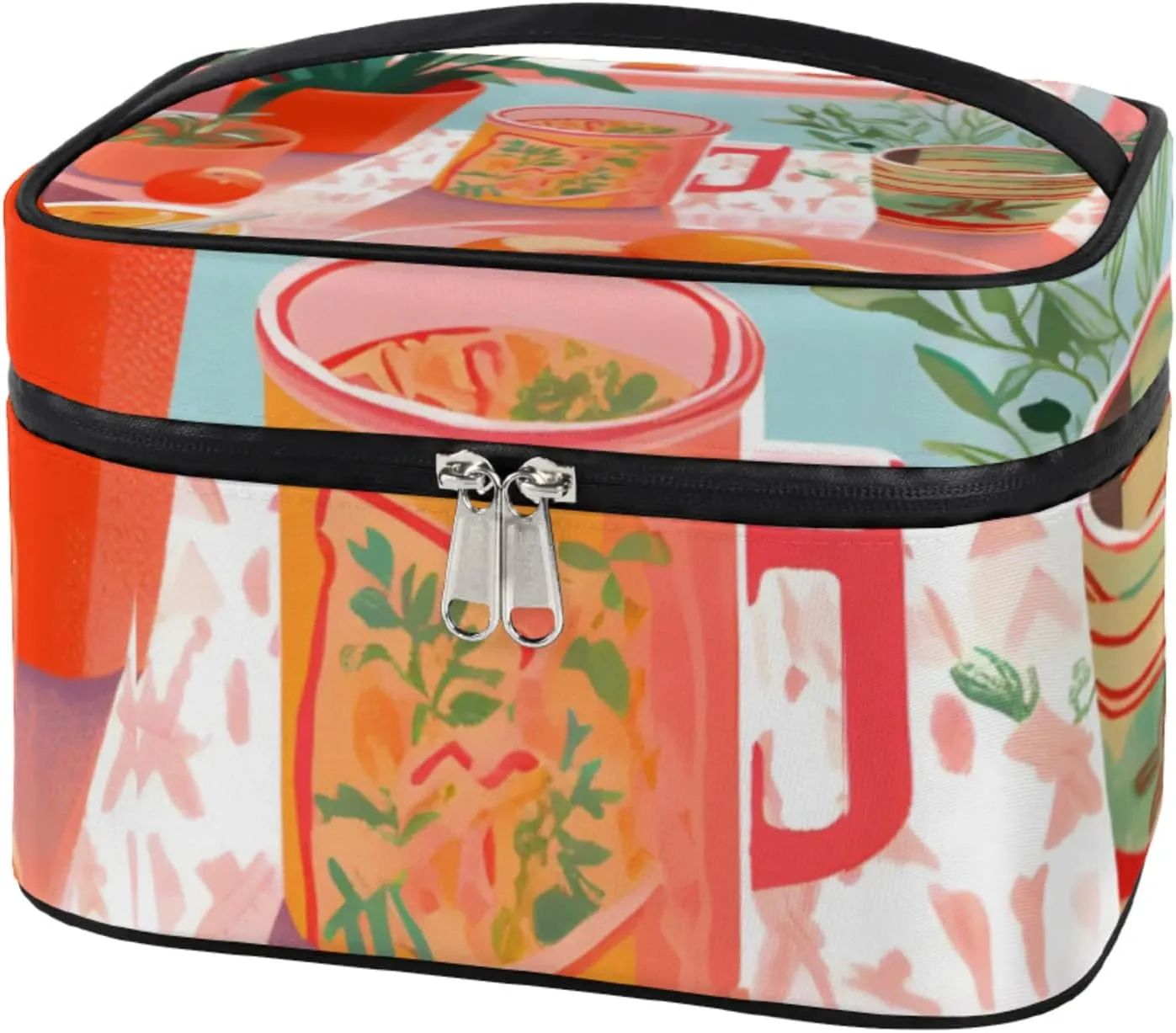 Fruit Dining Table Makeup Bag Large Opening Cosmetic Bag Portable Makeup Case Organizer Toiletry Bags for Women Daily Traveling With Handle Grids Smooth Zipper Divider Makeup Pouch
