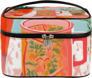 Fruit Dining Table Makeup Bag Large Opening Cosmetic Bag Portable Makeup Case Organizer Toiletry Bags for Women Daily Traveling With Handle Grids Smooth Zipper Divider Makeup Pouch