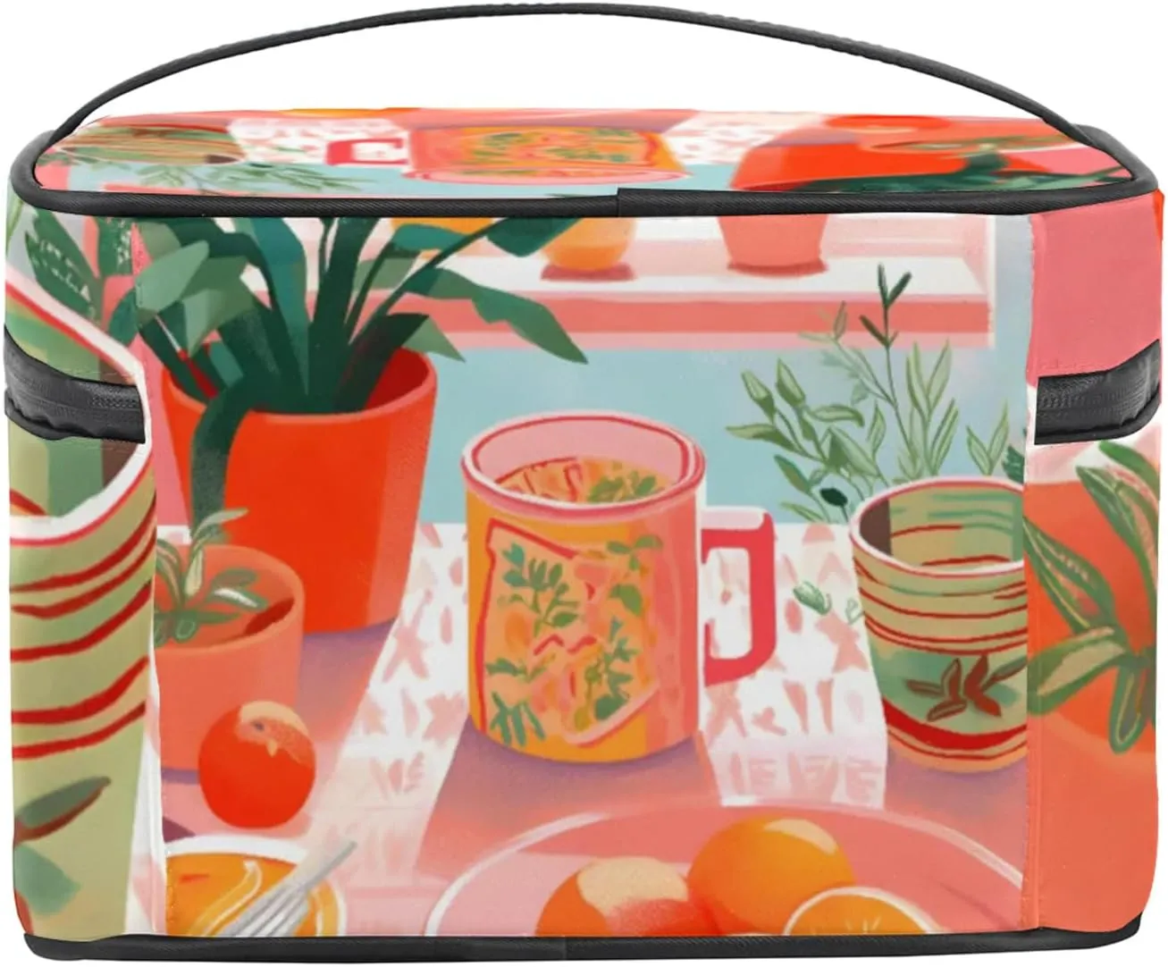 Fruit Dining Table Makeup Bag Large Opening Cosmetic Bag Portable Makeup Case Organizer Toiletry Bags for Women Daily Traveling With Handle Grids Smooth Zipper Divider Makeup Pouch