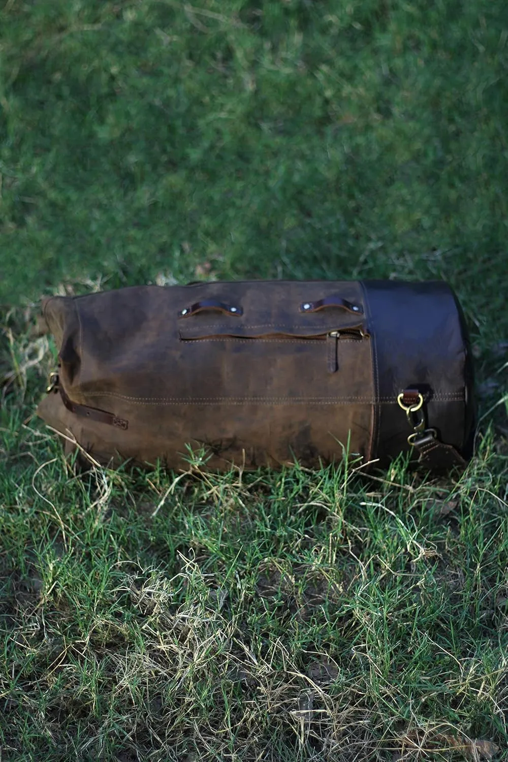 Full Grain Genuine Leather Heavy Duty Military Inspired Motorcycle Duffel Bag | Saddlebag | Weekender Bag | With Shoulder Straps, Custom Mounting Straps & Rain Cover - 24L Dark Brown
