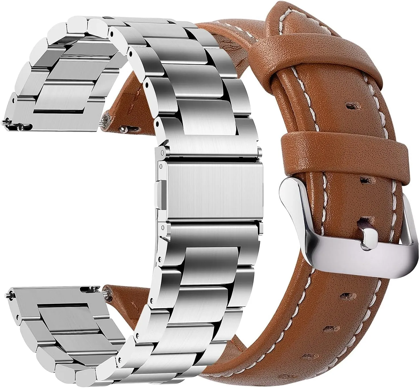 Fullmosa Quick Release Watch Band Stainless Steel 16mm & Watch Band Leather 16mm Brown Silver Buckle