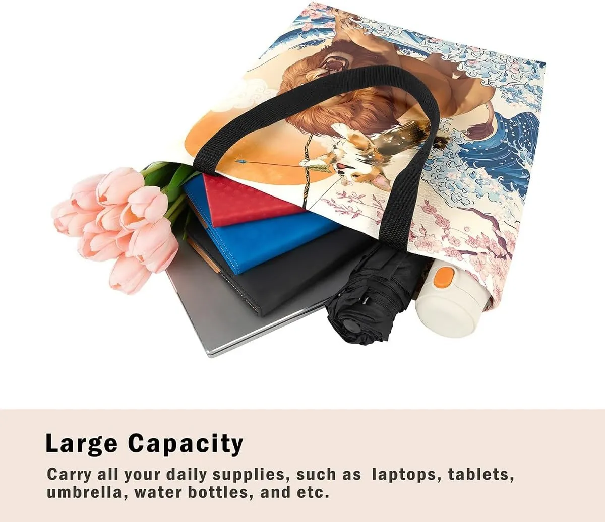 Funny Corgi Dog Canvas Bag Japanese Ocean Wave Grocery Bag, Cartoon Asian Fun Anime Canvas Tote Bag