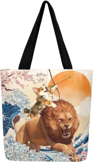 Funny Corgi Dog Canvas Bag Japanese Ocean Wave Grocery Bag, Cartoon Asian Fun Anime Canvas Tote Bag