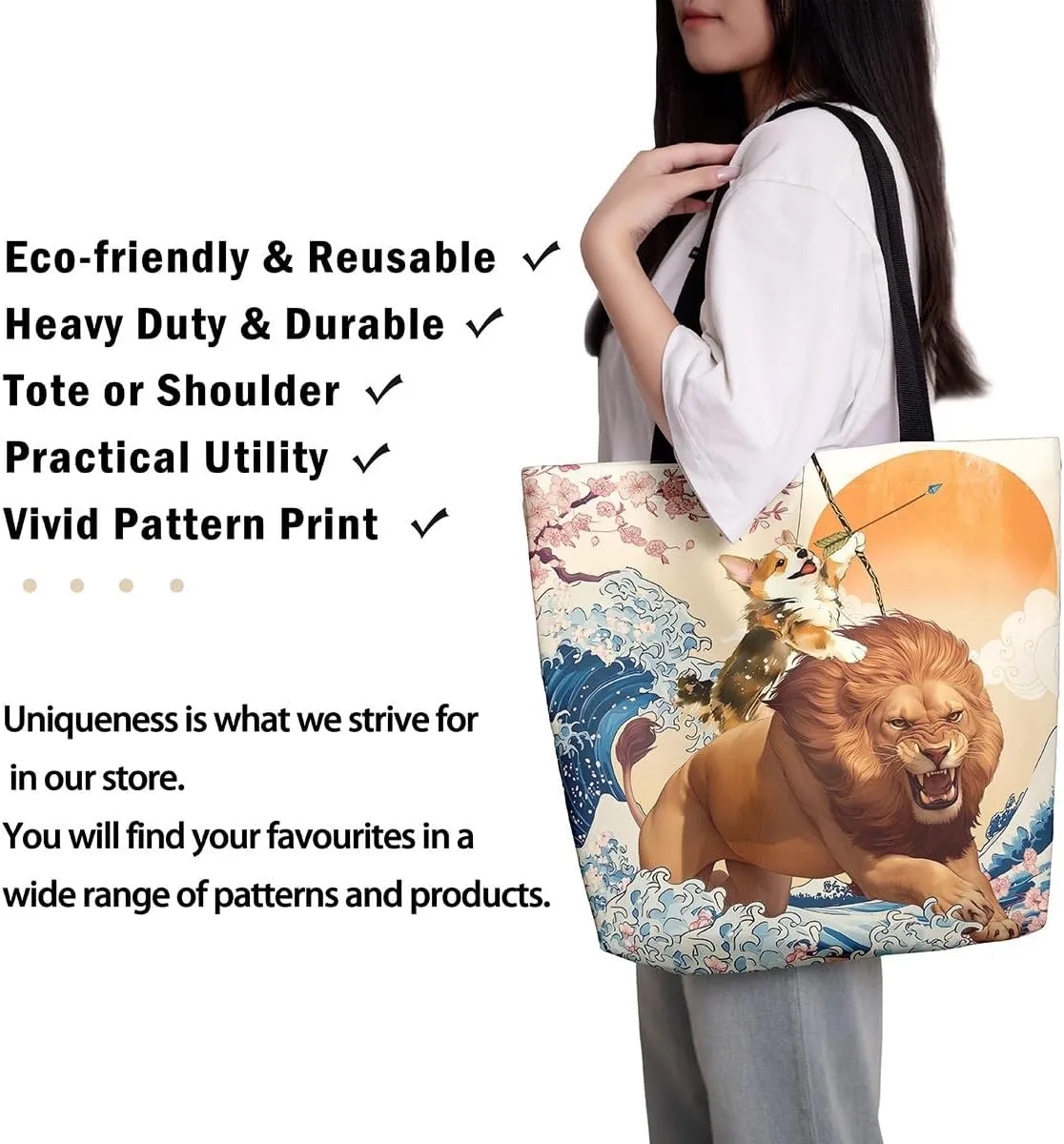 Funny Corgi Dog Canvas Bag Japanese Ocean Wave Grocery Bag, Cartoon Asian Fun Anime Canvas Tote Bag