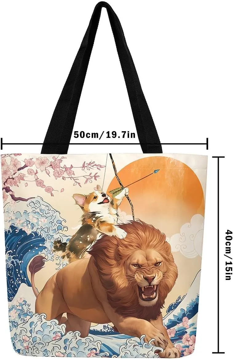 Funny Corgi Dog Canvas Bag Japanese Ocean Wave Grocery Bag, Cartoon Asian Fun Anime Canvas Tote Bag