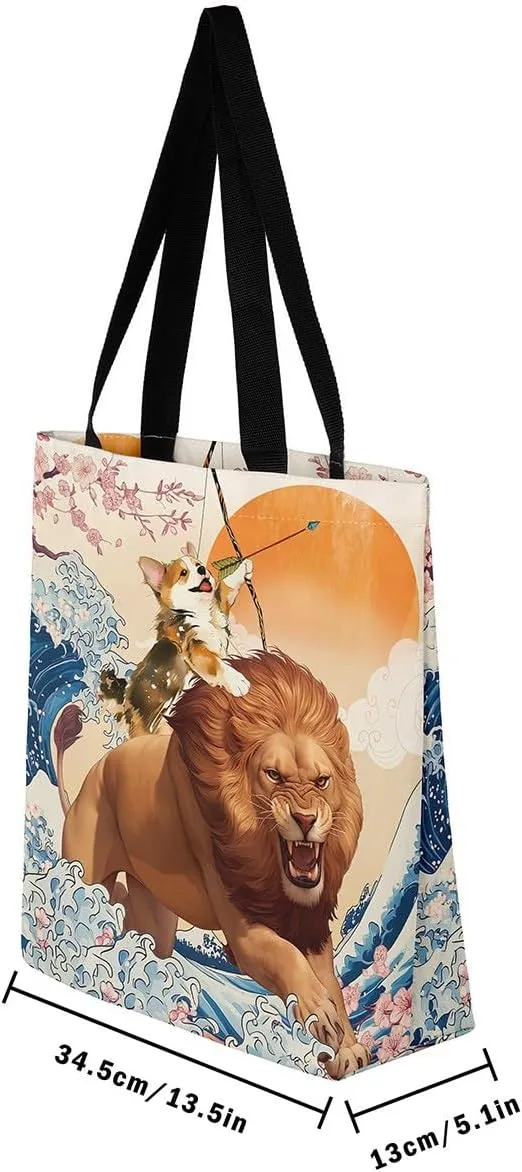 Funny Corgi Dog Canvas Bag Japanese Ocean Wave Grocery Bag, Cartoon Asian Fun Anime Canvas Tote Bag