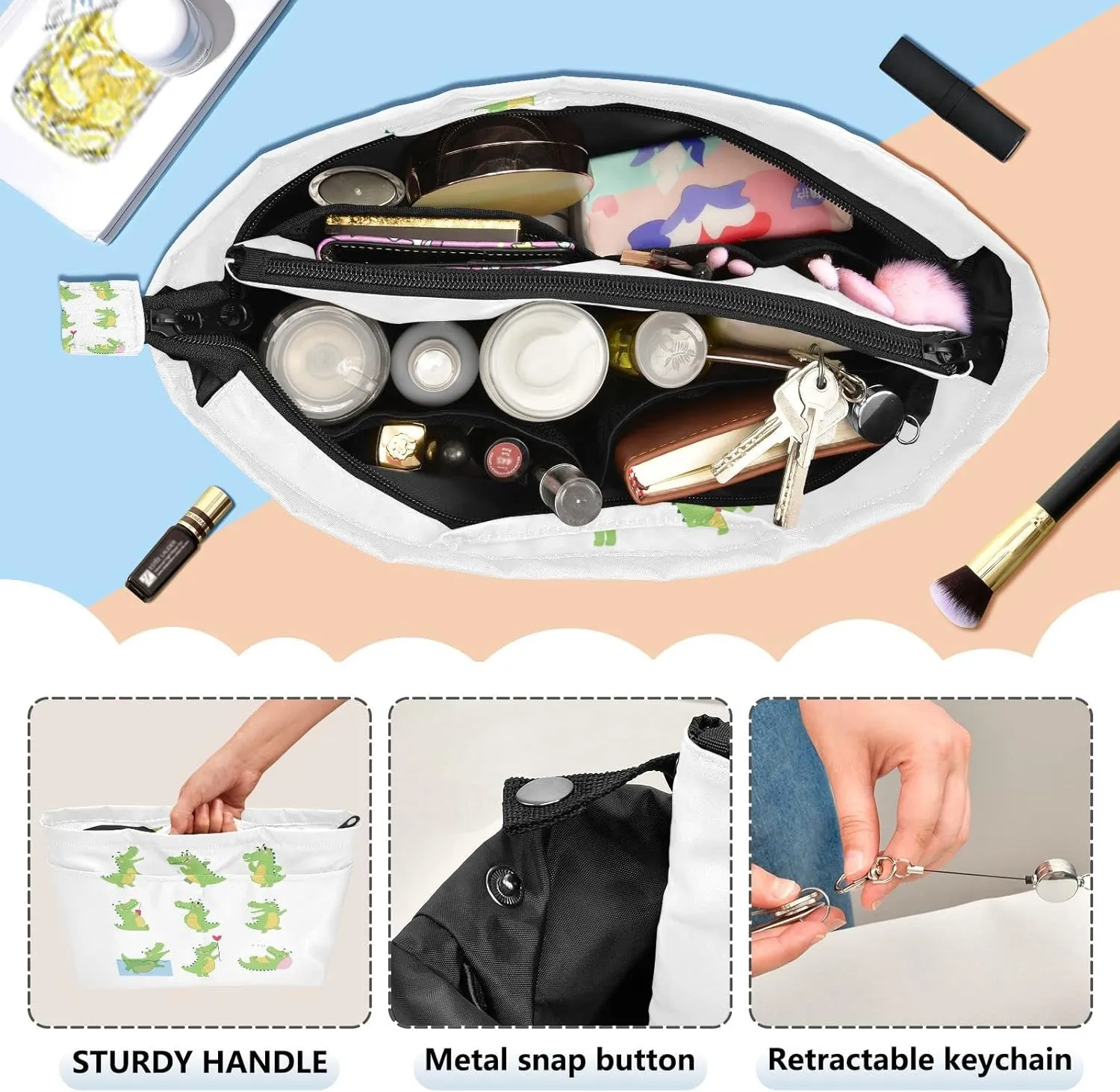 Funny Green Crocodiles with Different Actions Cute Alligator Predator Women's Portable Makeup Bag with Handle, Cosmetic Bag, Adjustable Travel Cosmetic Bag, Toiletry Storage Organizer for women L