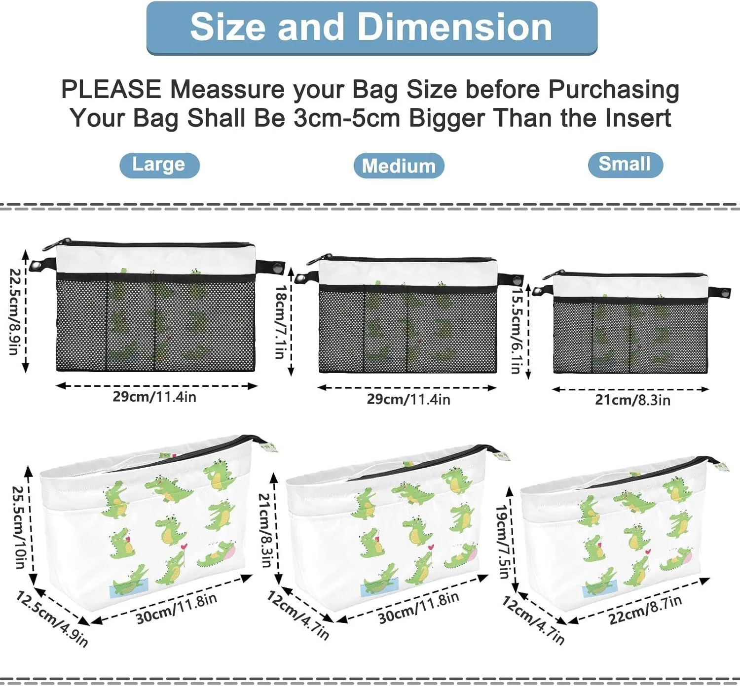 Funny Green Crocodiles with Different Actions Cute Alligator Predator Women's Portable Makeup Bag with Handle, Cosmetic Bag, Adjustable Travel Cosmetic Bag, Toiletry Storage Organizer for women L