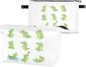 Funny Green Crocodiles with Different Actions Cute Alligator Predator Women's Portable Makeup Bag with Handle, Cosmetic Bag, Adjustable Travel Cosmetic Bag, Toiletry Storage Organizer for women L