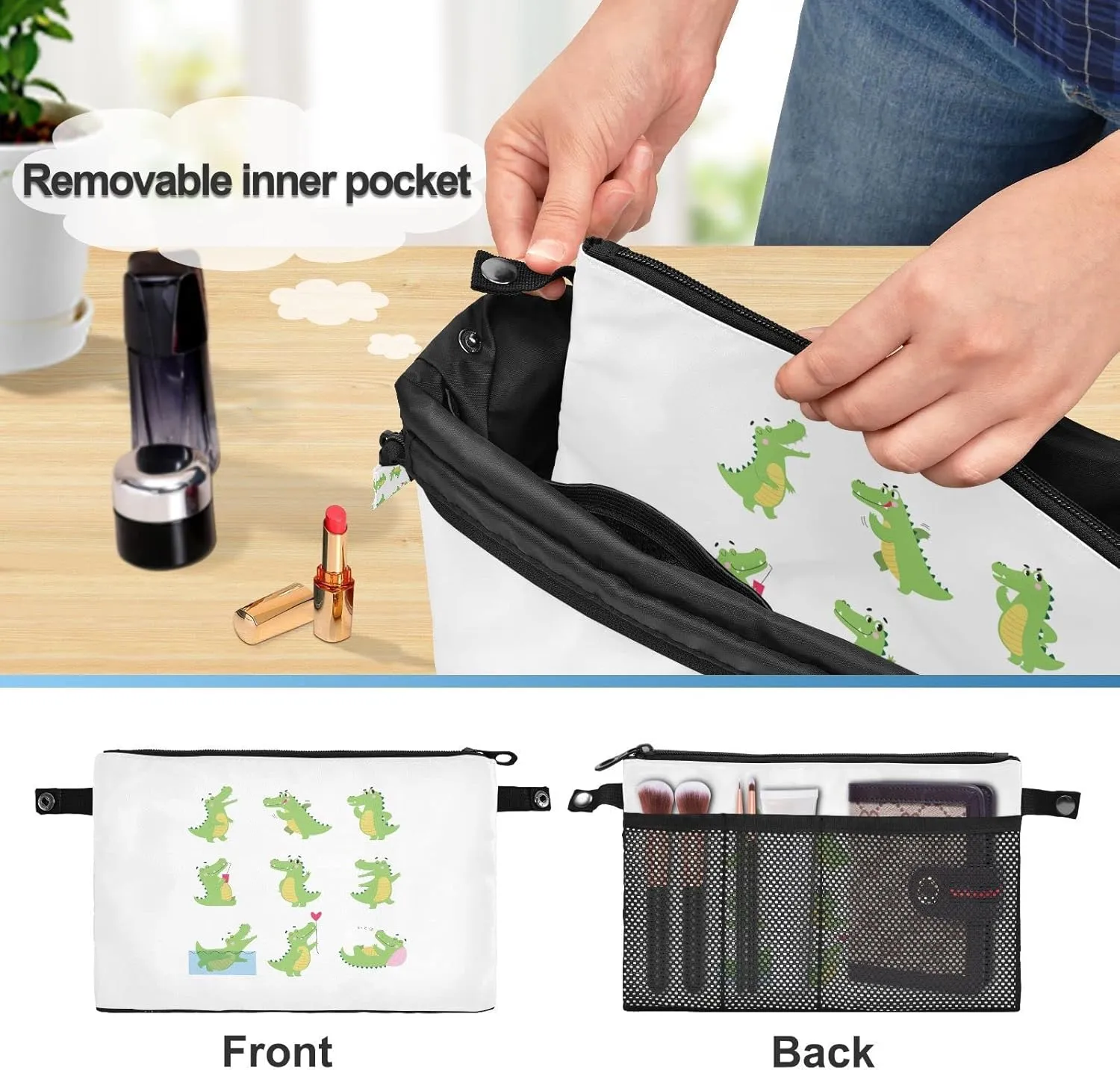 Funny Green Crocodiles with Different Actions Cute Alligator Predator Women's Portable Makeup Bag with Handle, Cosmetic Bag, Adjustable Travel Cosmetic Bag, Toiletry Storage Organizer for women L