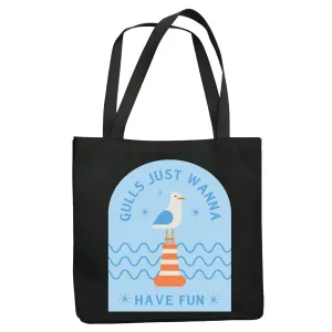 Funny Seagull Quote Gulls Just Wanna Have Fun Gift for Bird Lovers Navy Black Multicolor Canvas Tote Bag