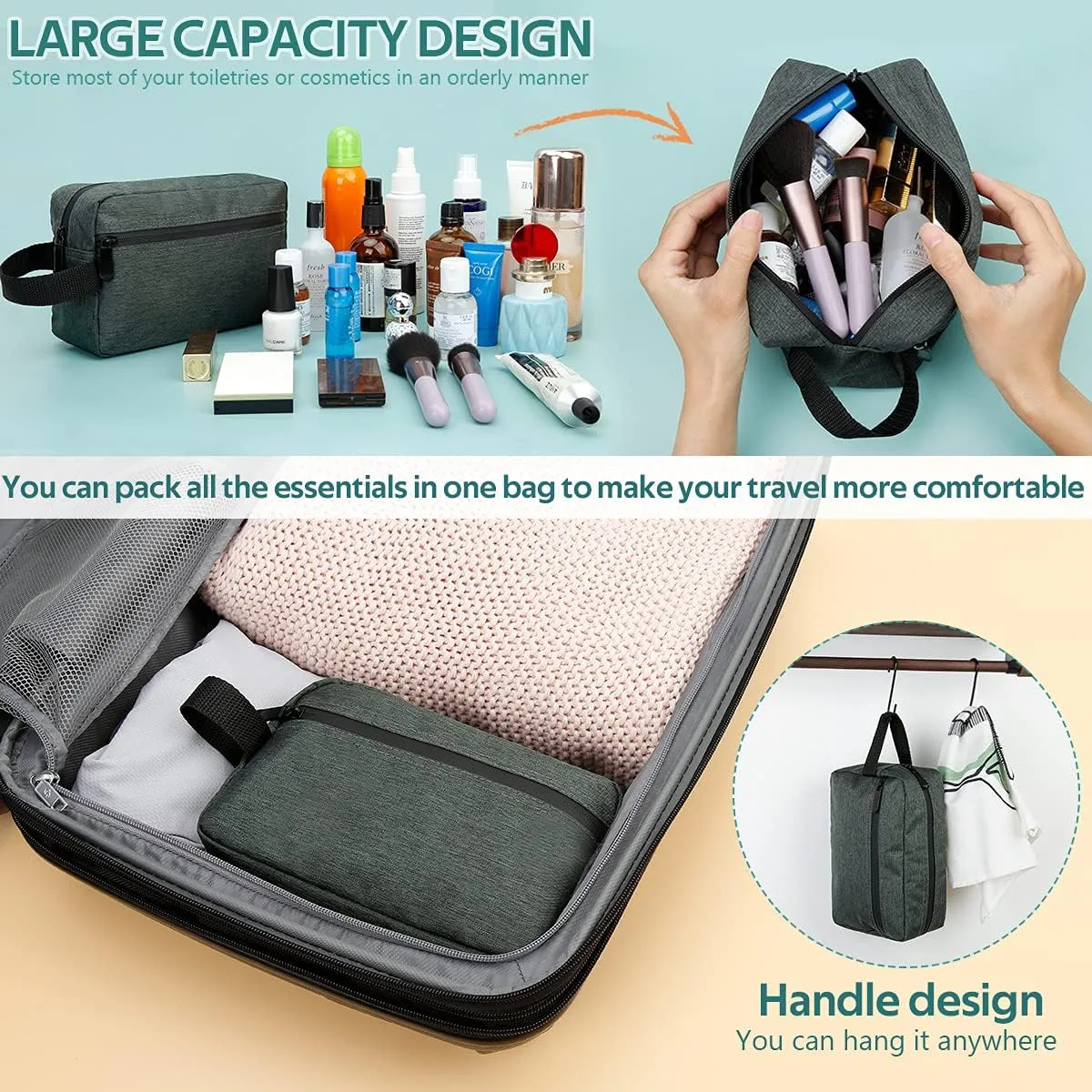 FUNSEED Travel Toiletry Bag for Women and Men, Water-resistant Shaving Bag for Toiletries Accessories, Foldable Storage Bags with Divider and Handle for Cosmetics Toiletries Brushes Tools