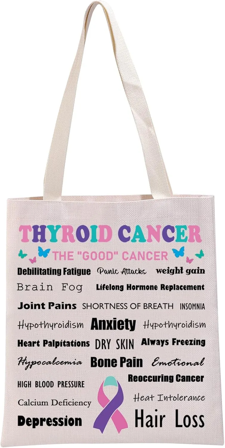 G2TUP Thyroid Cancer Awareness Tote Bag - Large, White - Thyroid Cancer Survivor, Fighter, Warrior Gift - Unisex, Adult