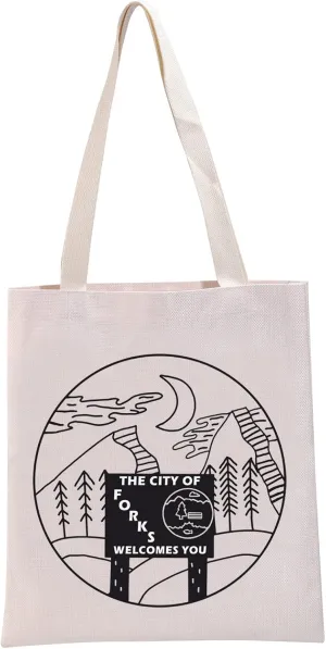 G2TUP Vampire Movie Inspired Gift The City Of Forks Welcome You Reusable Canvas Tote Bag Forks Washington Handbag