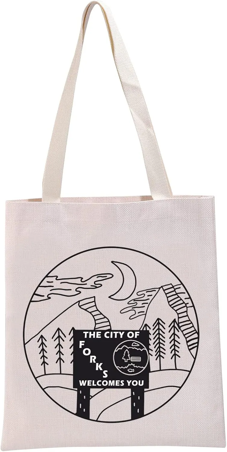 G2TUP Vampire Movie Inspired Gift The City Of Forks Welcome You Reusable Canvas Tote Bag Forks Washington Handbag