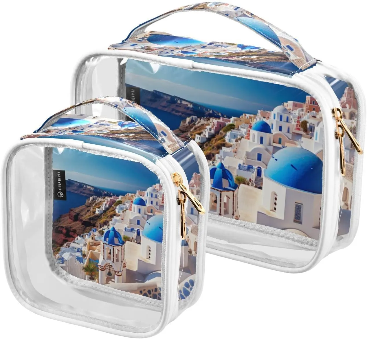 GAIGEO Buildings of Santorini Clear Makeup Bag Set, Travel Toiletry Bag 2 Pack, Transparent Makeup Bags for Women, 2 Pack
