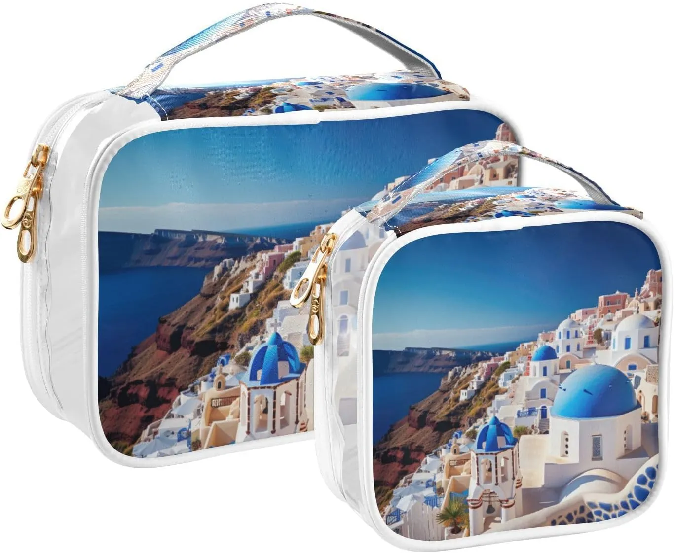 GAIGEO Buildings of Santorini Clear Makeup Bag Set, Travel Toiletry Bag 2 Pack, Transparent Makeup Bags for Women, 2 Pack