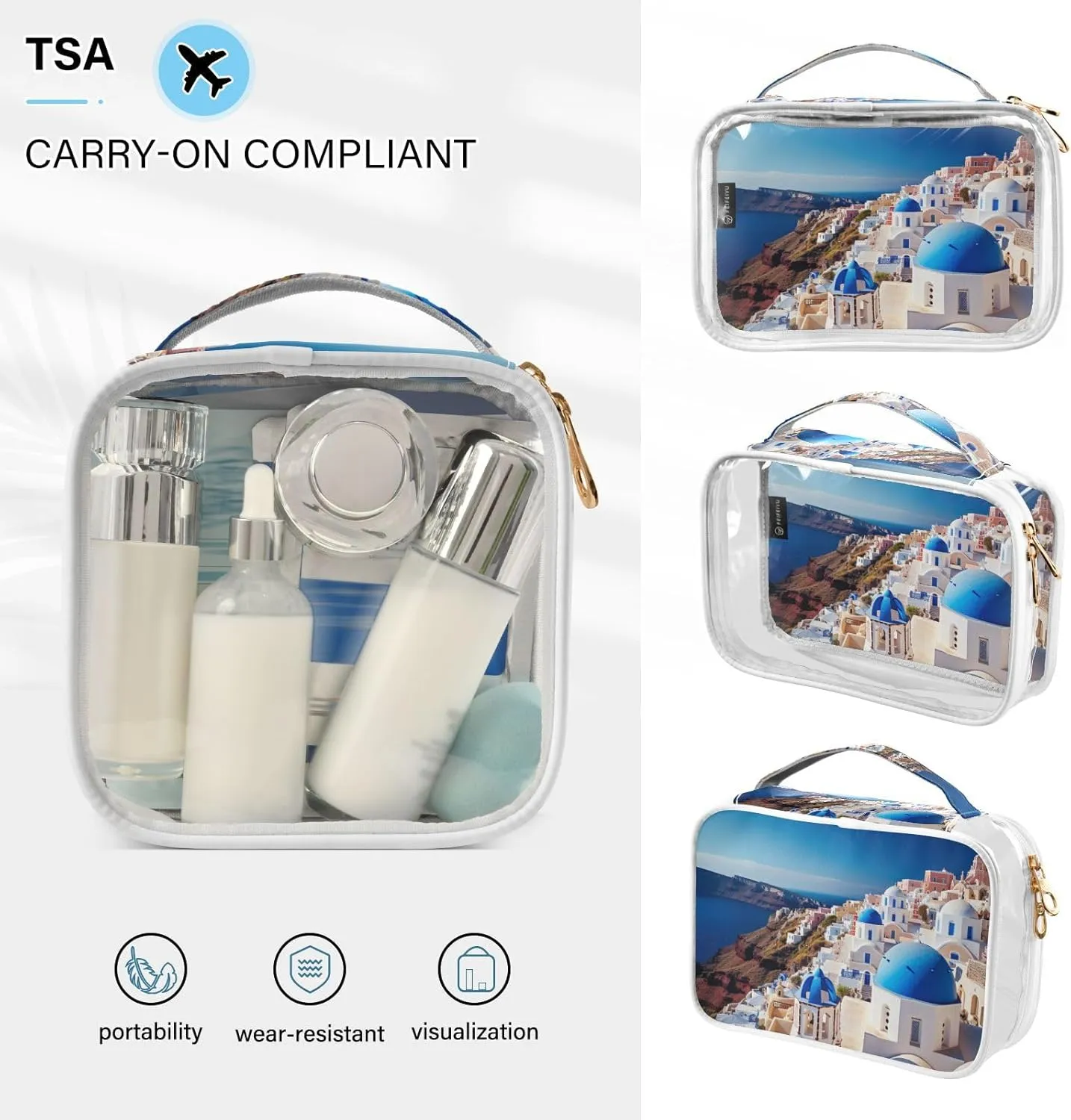 GAIGEO Buildings of Santorini Clear Makeup Bag Set, Travel Toiletry Bag 2 Pack, Transparent Makeup Bags for Women, 2 Pack