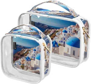 GAIGEO Buildings of Santorini Clear Makeup Bag Set, Travel Toiletry Bag 2 Pack, Transparent Makeup Bags for Women, 2 Pack