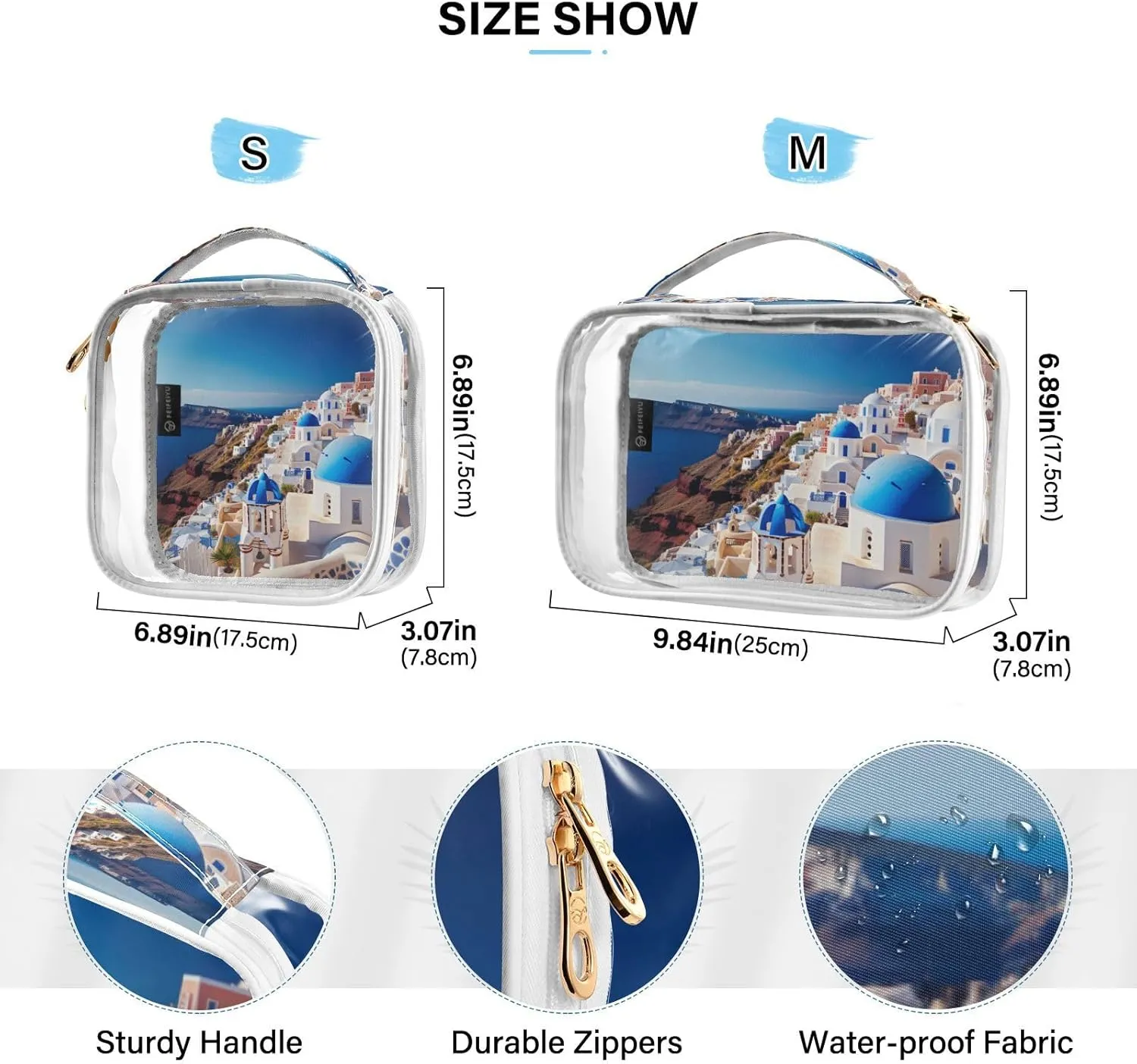 GAIGEO Buildings of Santorini Clear Makeup Bag Set, Travel Toiletry Bag 2 Pack, Transparent Makeup Bags for Women, 2 Pack