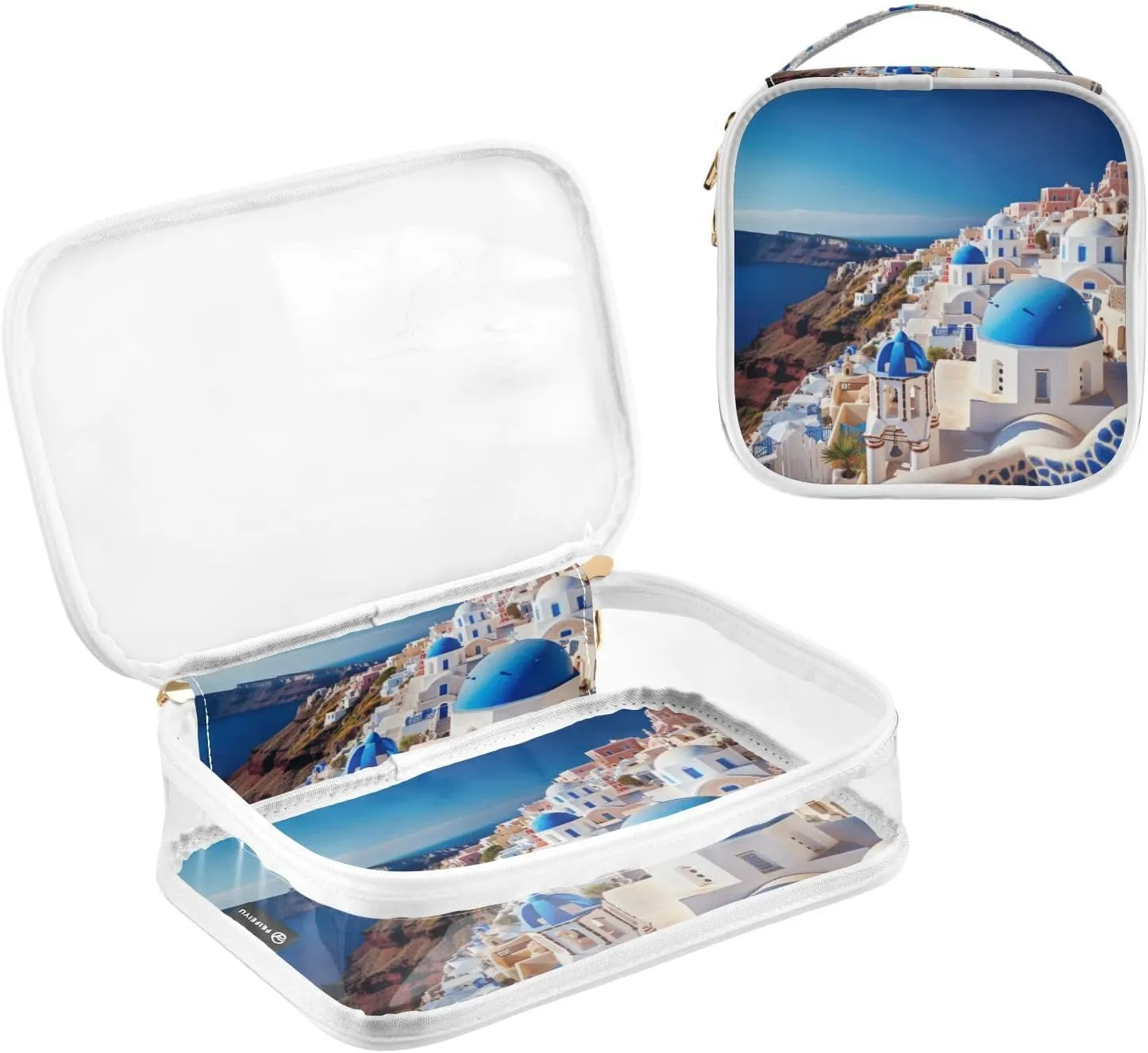 GAIGEO Buildings of Santorini Clear Makeup Bag Set, Travel Toiletry Bag 2 Pack, Transparent Makeup Bags for Women, 2 Pack