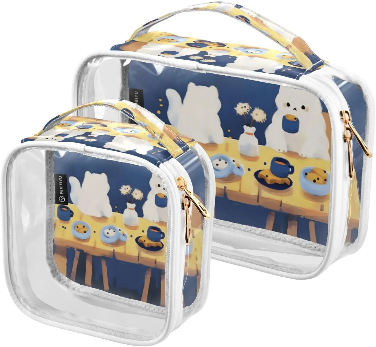 GAIGEO Cartoon Crayon Eating White Puppy Clear Plastic Tolietry Bag, Clear Bags for Travel, Travel Essentials for Women Toiletries, 2 Pack