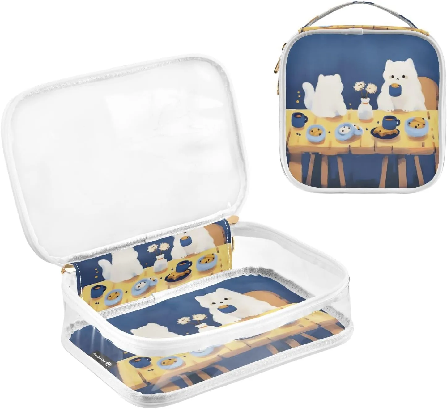 GAIGEO Cartoon Crayon Eating White Puppy Clear Plastic Tolietry Bag, Clear Bags for Travel, Travel Essentials for Women Toiletries, 2 Pack