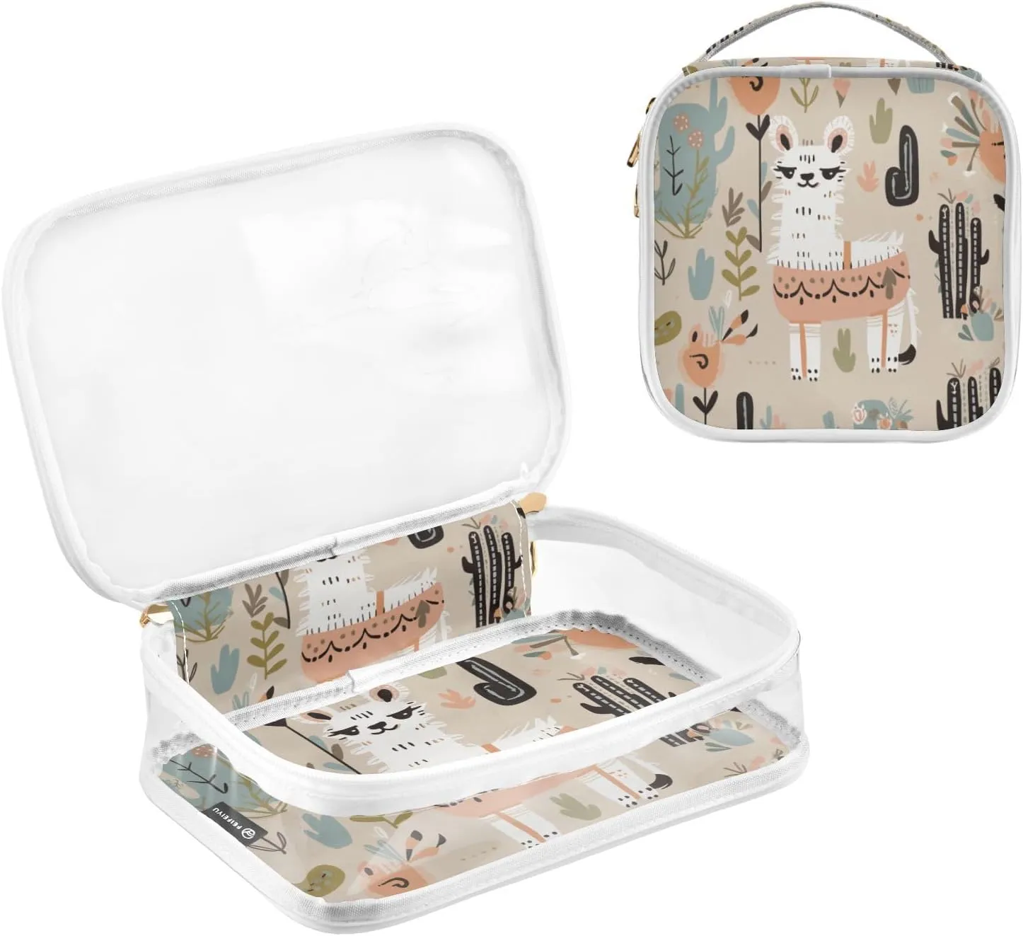 GAIGEO Desert Cactus Alpaca Beige and White Clear Cosmetic Bag Set, Travel Essentials Clear Toiletry Bag, Women's Travel Toiletry Bag, 2 Pack