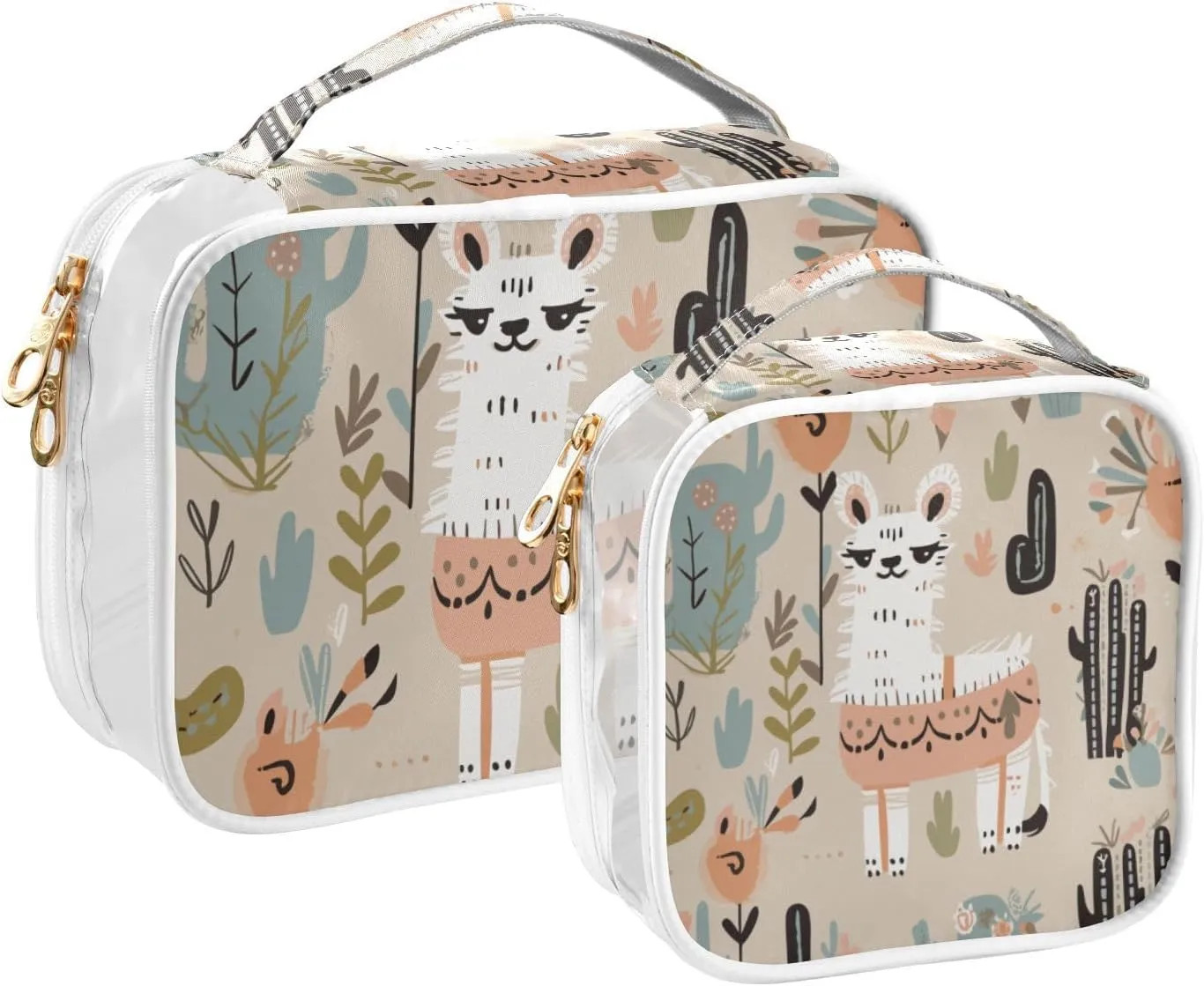 GAIGEO Desert Cactus Alpaca Beige and White Clear Cosmetic Bag Set, Travel Essentials Clear Toiletry Bag, Women's Travel Toiletry Bag, 2 Pack
