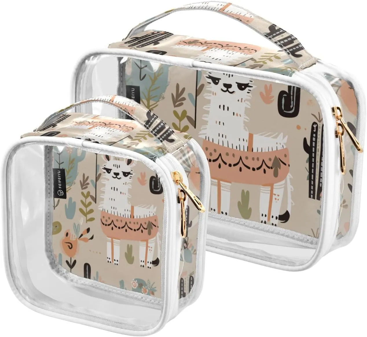 GAIGEO Desert Cactus Alpaca Beige and White Clear Cosmetic Bag Set, Travel Essentials Clear Toiletry Bag, Women's Travel Toiletry Bag, 2 Pack